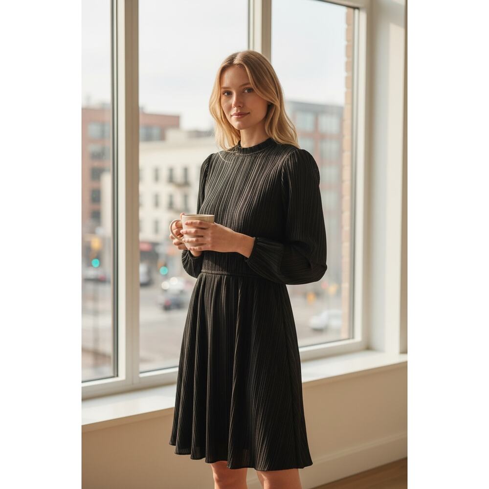 2/$30 ZARA Dress Size S Black Crinkle Pleated Mini Mock Neck Ruffled Cuff